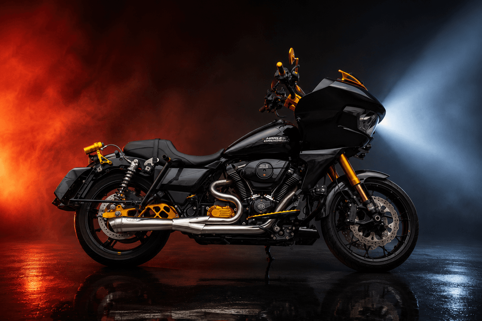 ROB1-built Harley-Davidson touring platform in studio lighting